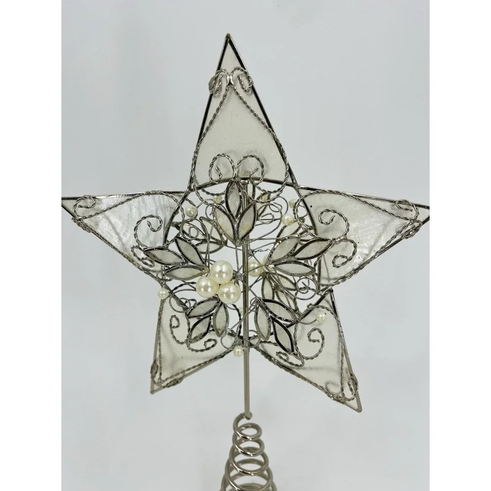 Capiz Shell Silver Star Christmas Tree Topper with Faux Pearls and‎ Scrolls
